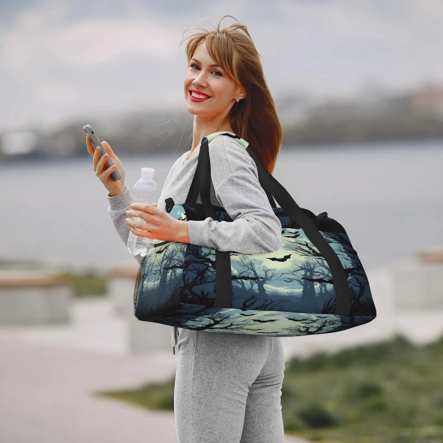 Travel Duffel Bag For Men Women, Halloween Moon Forest Tree Bats Carry On Sport Gym Bag With Shoulder Strap Lightweight Waterproof Weekender Bag Overnight Bag