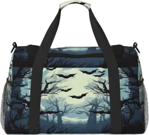 Travel Duffel Bag For Men Women, Halloween Moon Forest Tree Bats Carry On Sport Gym Bag With Shoulder Strap Lightweight Waterproof Weekender Bag Overnight Bag