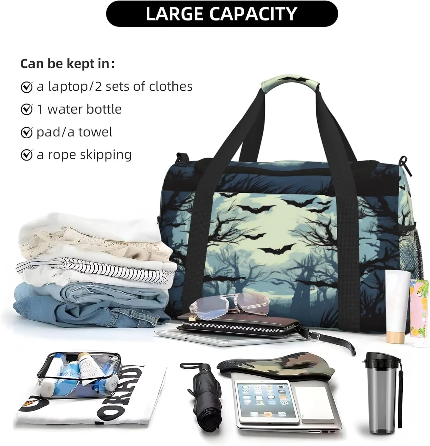 Travel Duffel Bag For Men Women, Halloween Moon Forest Tree Bats Carry On Sport Gym Bag With Shoulder Strap Lightweight Waterproof Weekender Bag Overnight Bag