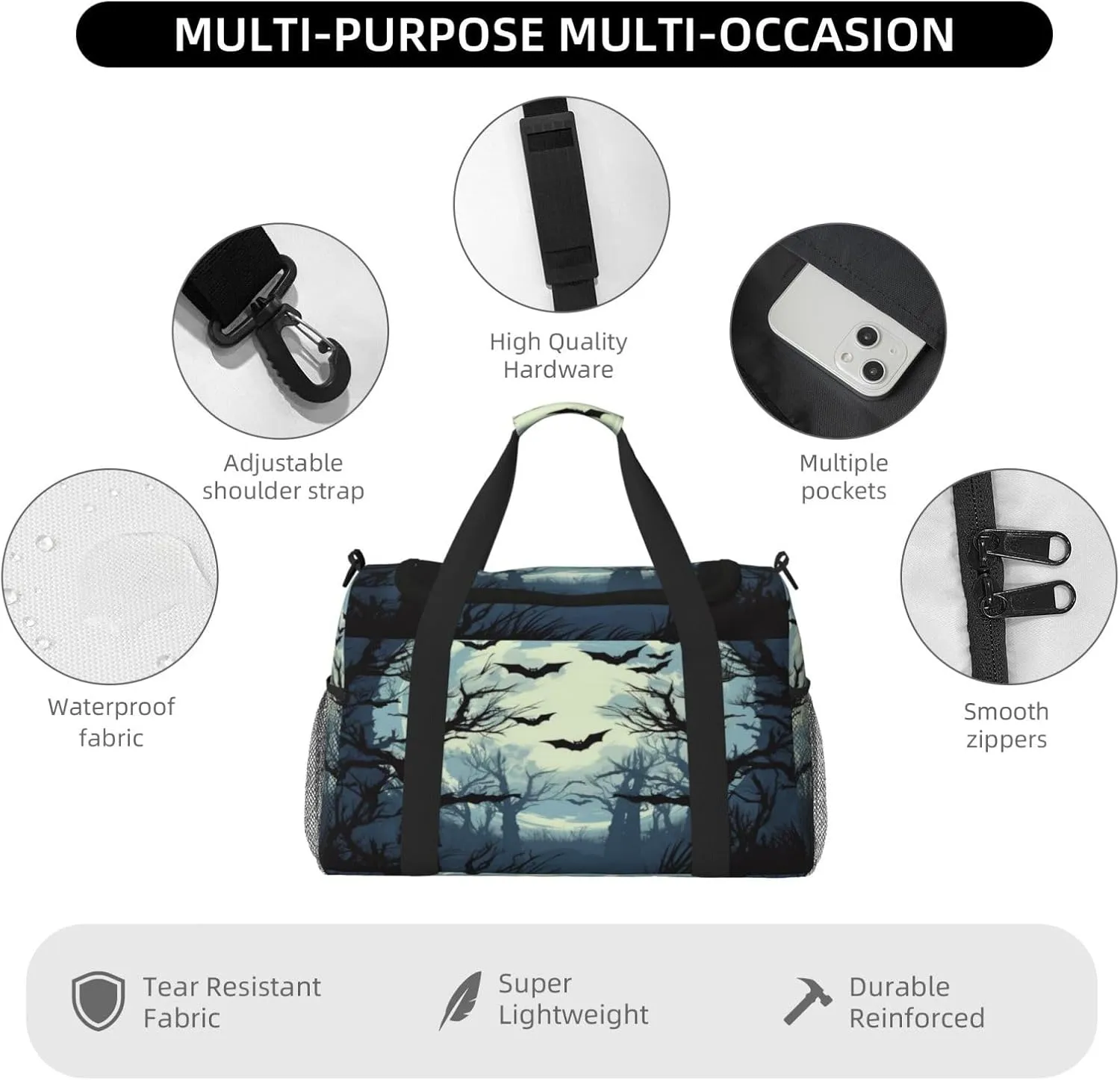 Travel Duffel Bag For Men Women, Halloween Moon Forest Tree Bats Carry On Sport Gym Bag With Shoulder Strap Lightweight Waterproof Weekender Bag Overnight Bag