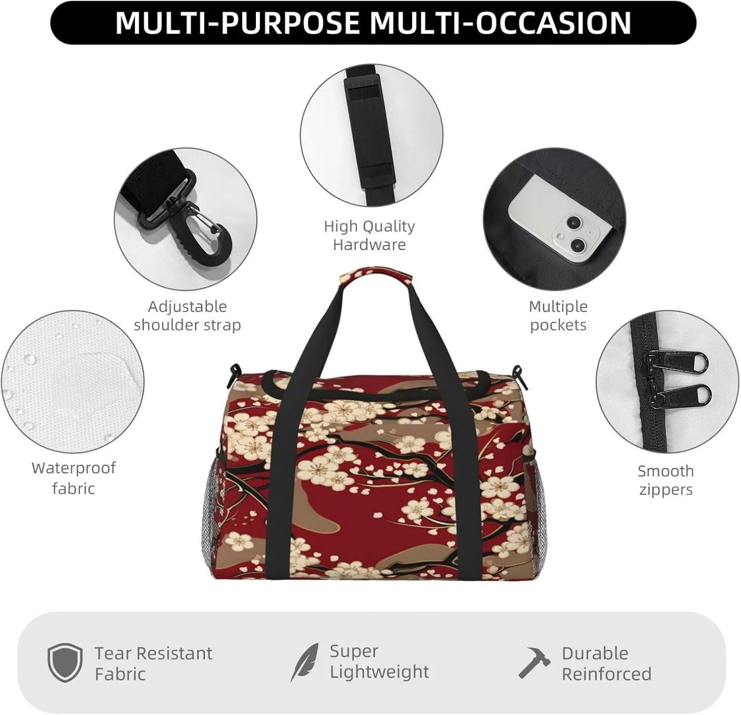 Travel Duffel Bag For Men Women, Japanese Cherry Flowers Carry On Sport Gym Bag With Shoulder Strap Lightweight Waterproof Weekender Bag Overnight Bag