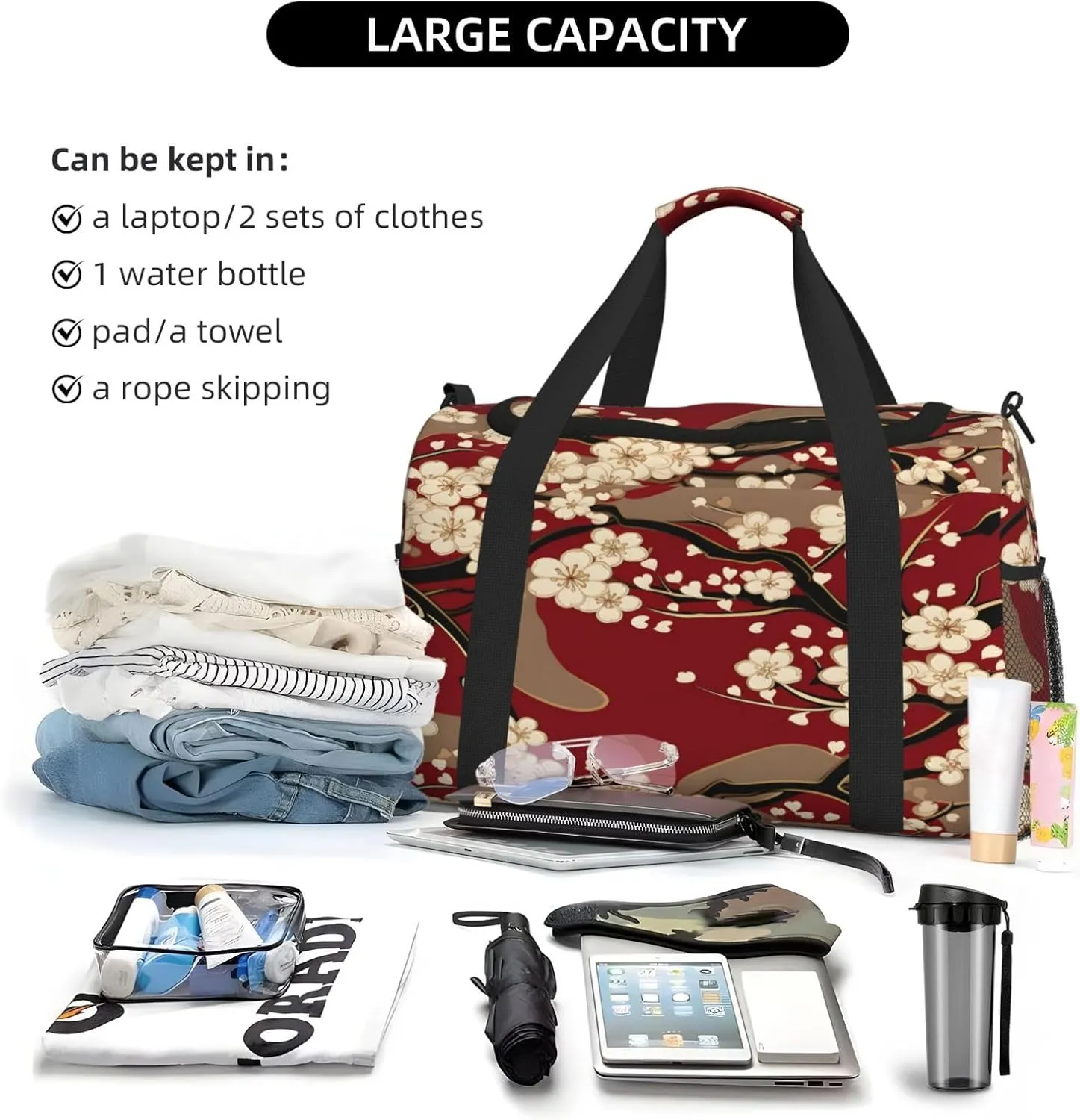 Travel Duffel Bag For Men Women, Japanese Cherry Flowers Carry On Sport Gym Bag With Shoulder Strap Lightweight Waterproof Weekender Bag Overnight Bag