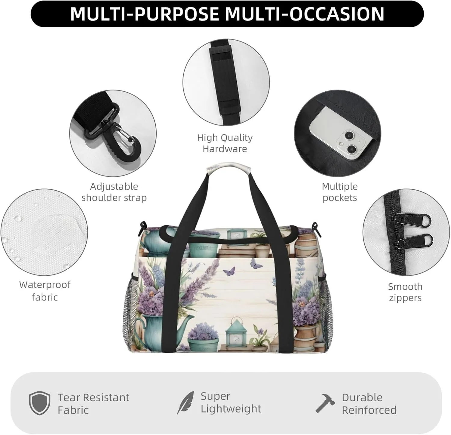Travel Duffel Bag For Men Women, Lavender Flowers Art Carry On Sport Gym Bag With Shoulder Strap Lightweight Waterproof Weekender Bag Overnight Bag