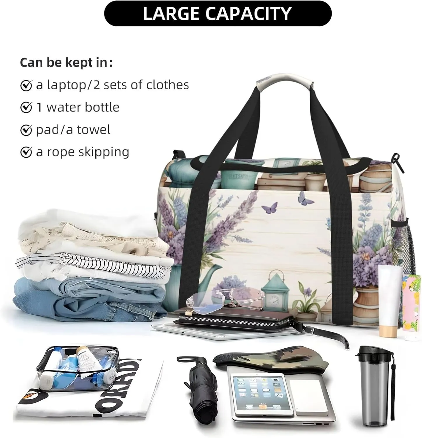 Travel Duffel Bag For Men Women, Lavender Flowers Art Carry On Sport Gym Bag With Shoulder Strap Lightweight Waterproof Weekender Bag Overnight Bag