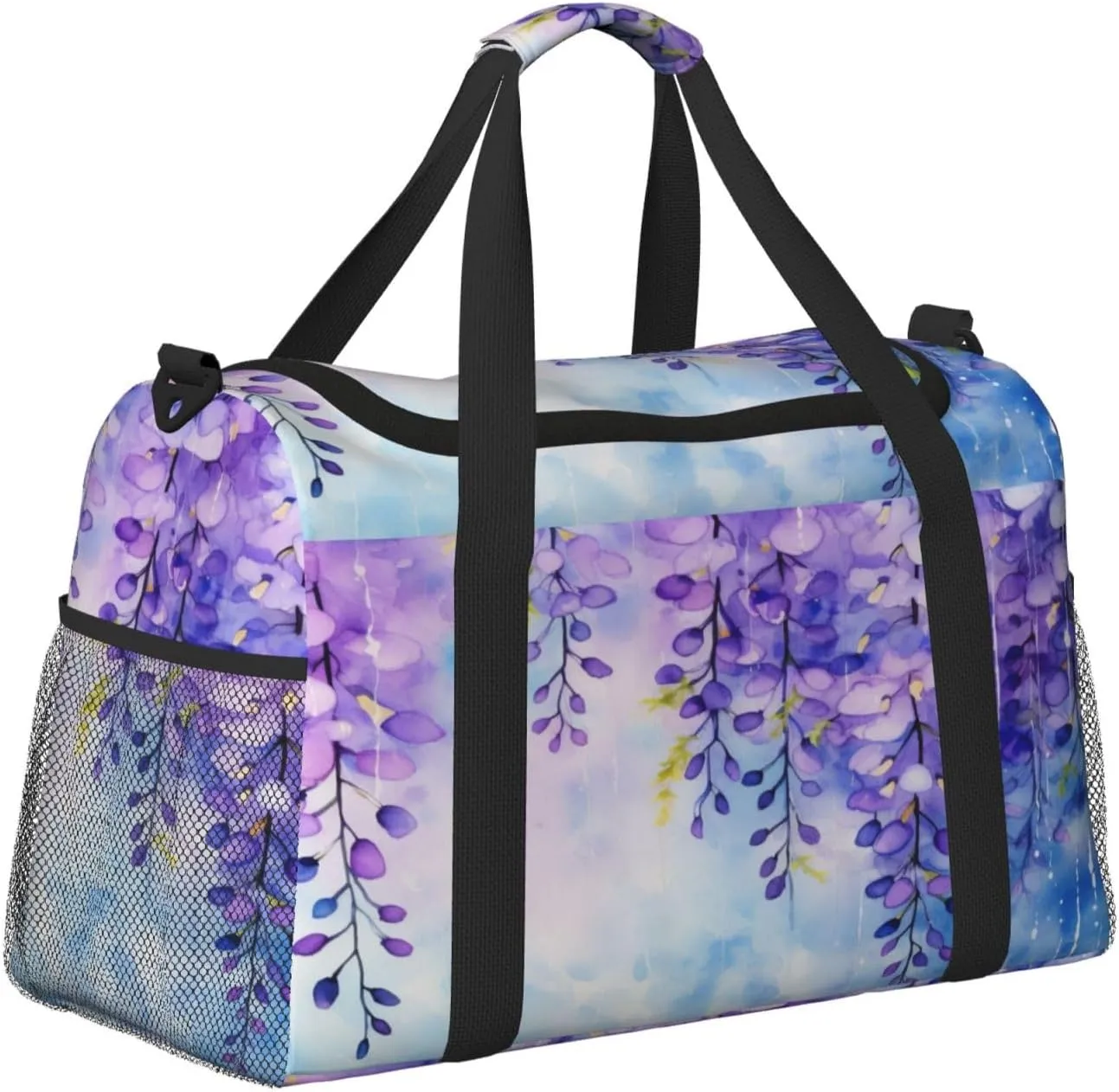 Travel Duffel Bag For Men Women, Purple Flowers Watercolor Painting Carry On Sport Gym Bag With Shoulder Strap Lightweight Waterproof Weekender Bag Overnight Bag