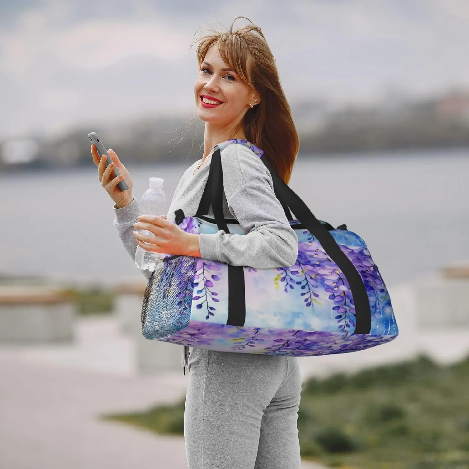 Travel Duffel Bag For Men Women, Purple Flowers Watercolor Painting Carry On Sport Gym Bag With Shoulder Strap Lightweight Waterproof Weekender Bag Overnight Bag