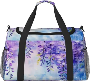 Travel Duffel Bag For Men Women, Purple Flowers Watercolor Painting Carry On Sport Gym Bag With Shoulder Strap Lightweight Waterproof Weekender Bag Overnight Bag