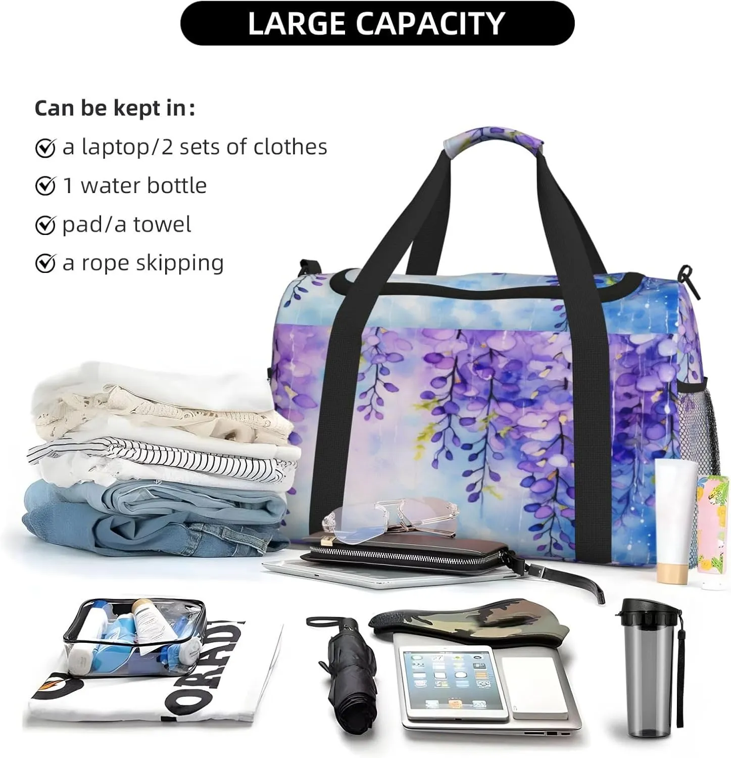 Travel Duffel Bag For Men Women, Purple Flowers Watercolor Painting Carry On Sport Gym Bag With Shoulder Strap Lightweight Waterproof Weekender Bag Overnight Bag