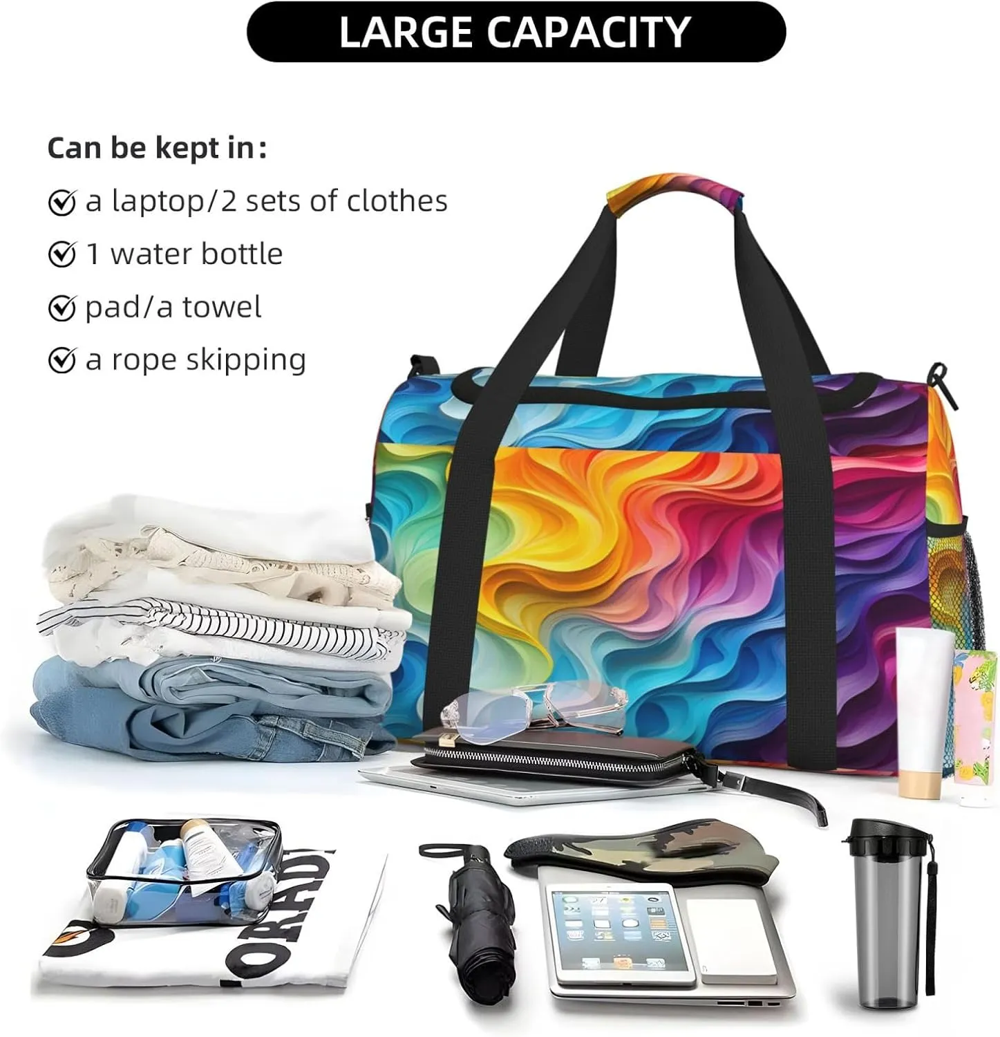 Travel Duffel Bag For Men Women, Rainbow Curve Stripe Carry On Sport Gym Bag With Shoulder Strap Lightweight Waterproof Weekender Bag Overnight Bag