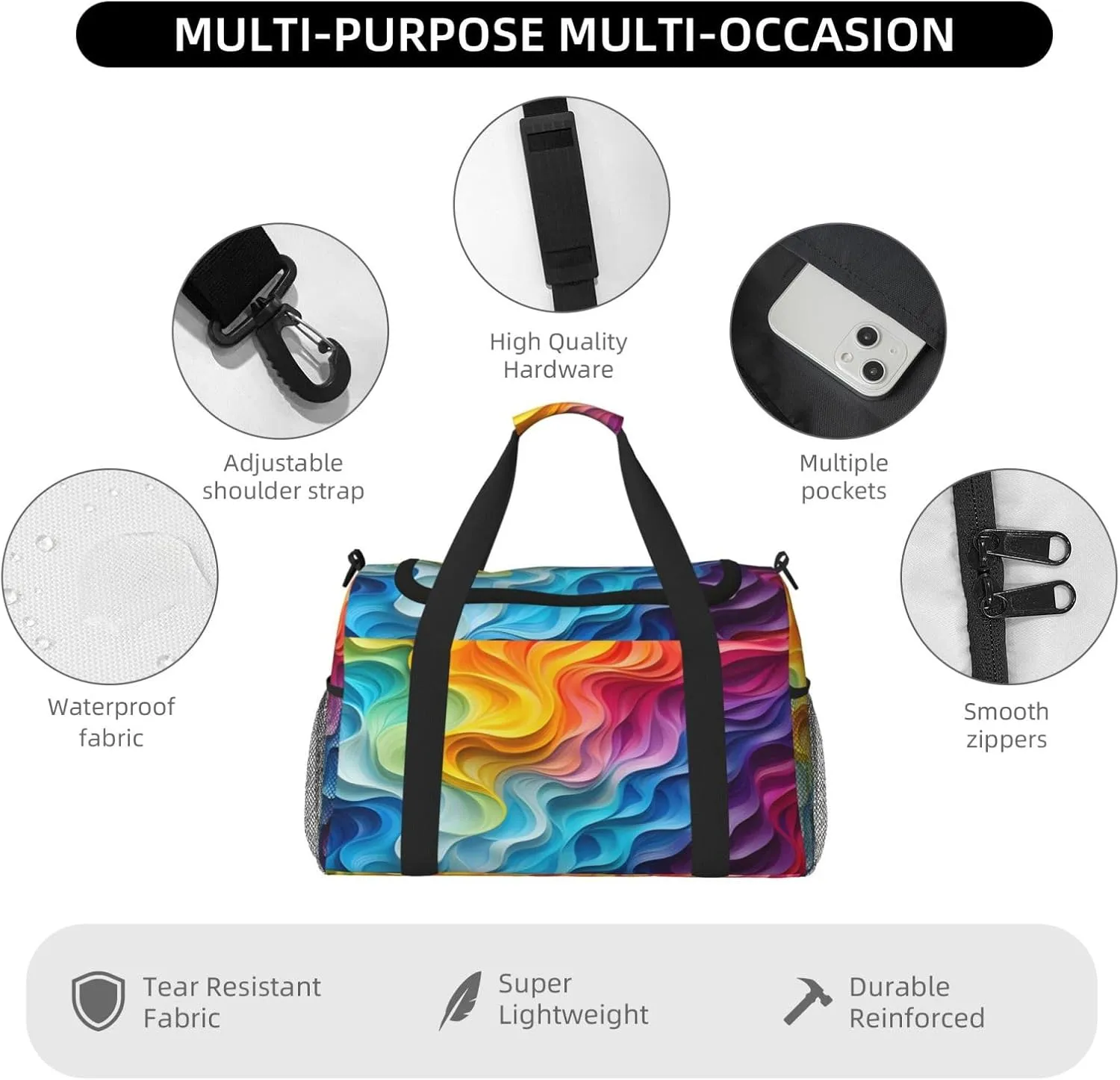 Travel Duffel Bag For Men Women, Rainbow Curve Stripe Carry On Sport Gym Bag With Shoulder Strap Lightweight Waterproof Weekender Bag Overnight Bag
