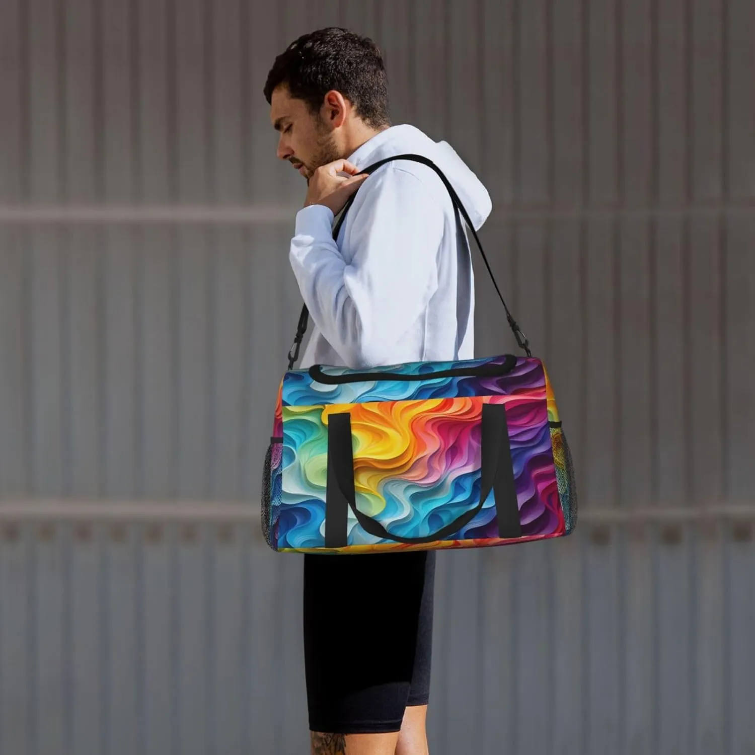 Travel Duffel Bag For Men Women, Rainbow Curve Stripe Carry On Sport Gym Bag With Shoulder Strap Lightweight Waterproof Weekender Bag Overnight Bag