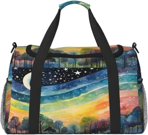 Travel Duffel Bag For Men Women, Rainbow Stripe Moon Star Painting Carry On Sport Gym Bag With Shoulder Strap Lightweight Waterproof Weekender Bag Overnight Bag