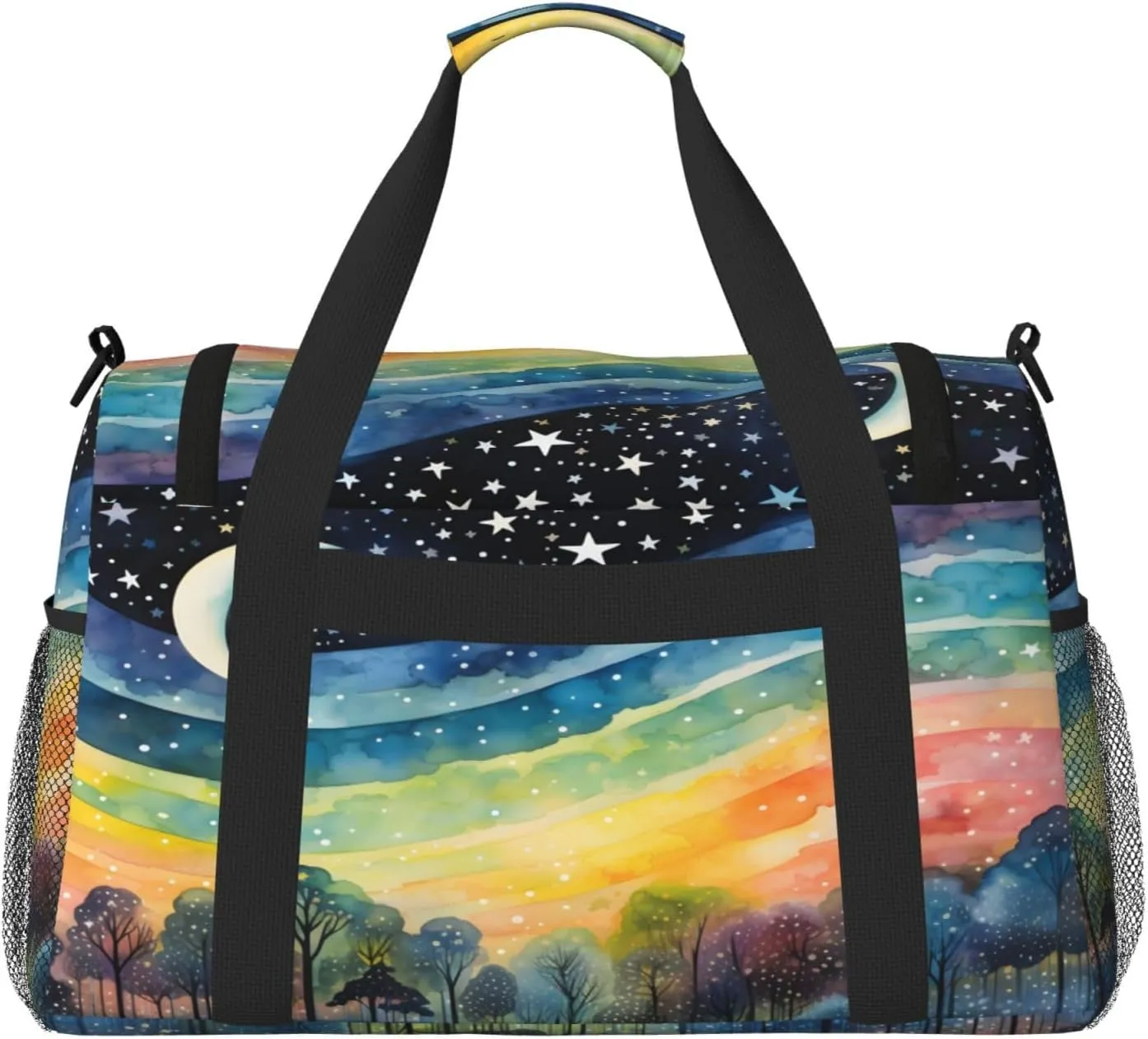 Travel Duffel Bag For Men Women, Rainbow Stripe Moon Star Painting Carry On Sport Gym Bag With Shoulder Strap Lightweight Waterproof Weekender Bag Overnight Bag
