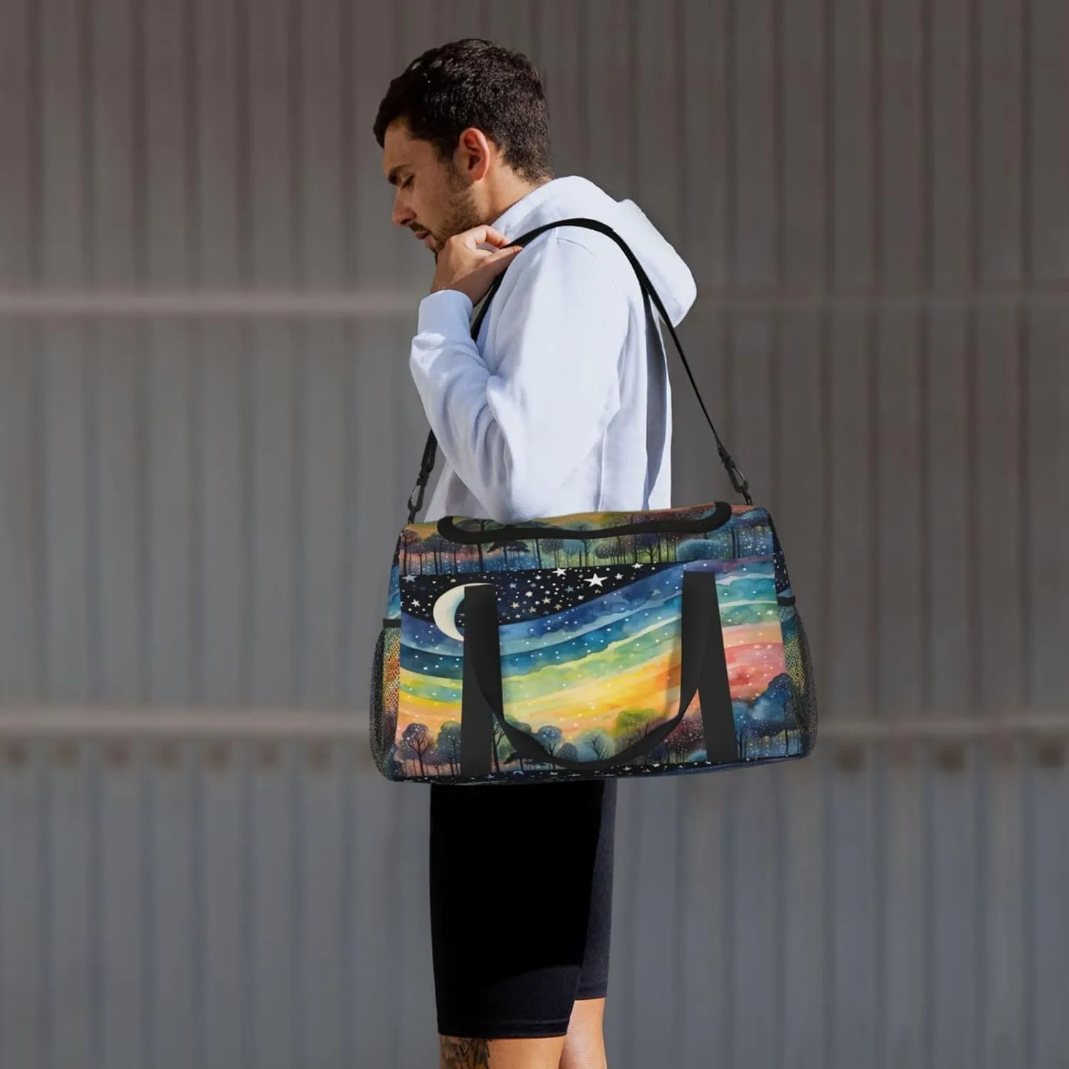 Travel Duffel Bag For Men Women, Rainbow Stripe Moon Star Painting Carry On Sport Gym Bag With Shoulder Strap Lightweight Waterproof Weekender Bag Overnight Bag