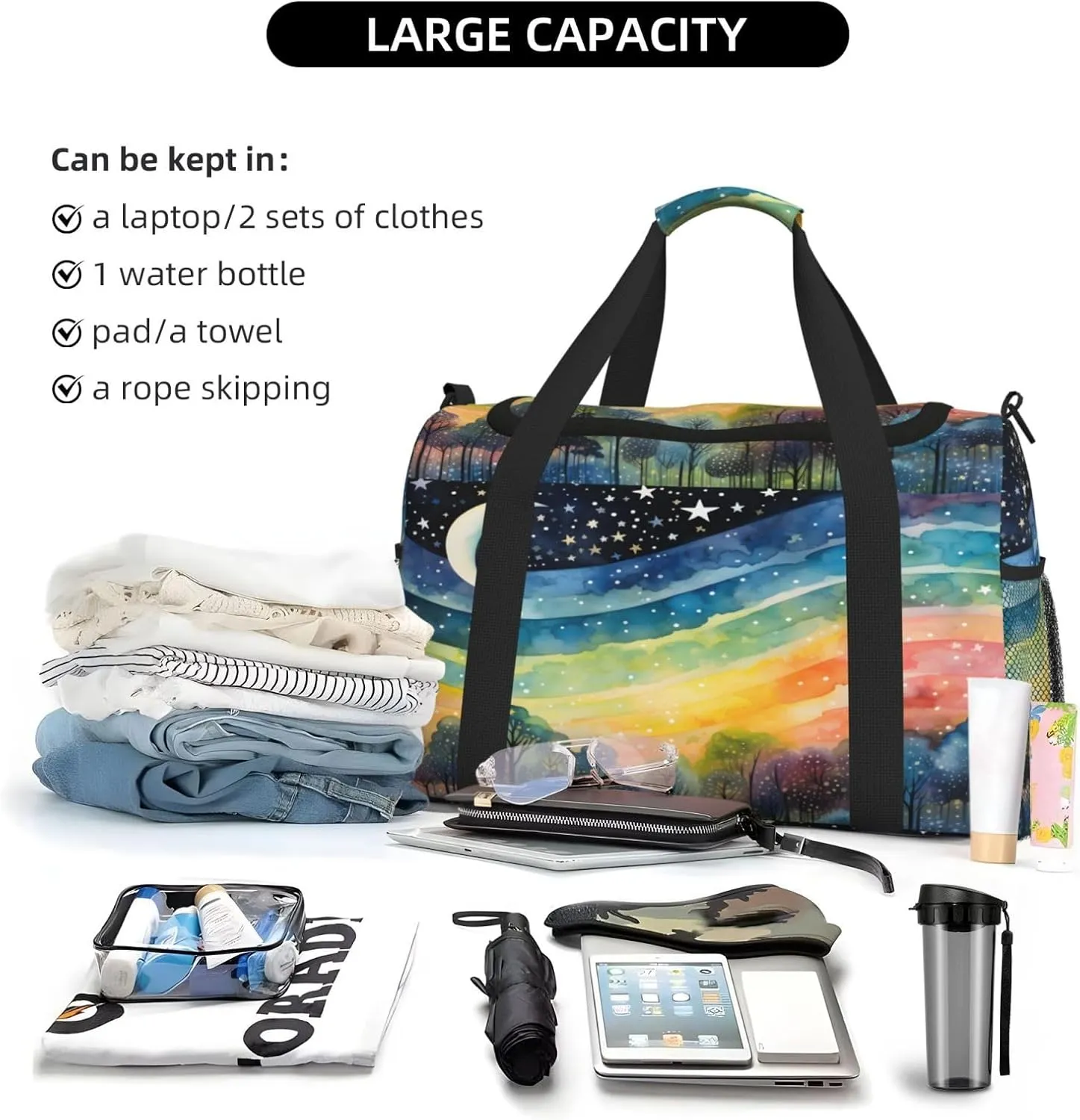 Travel Duffel Bag For Men Women, Rainbow Stripe Moon Star Painting Carry On Sport Gym Bag With Shoulder Strap Lightweight Waterproof Weekender Bag Overnight Bag