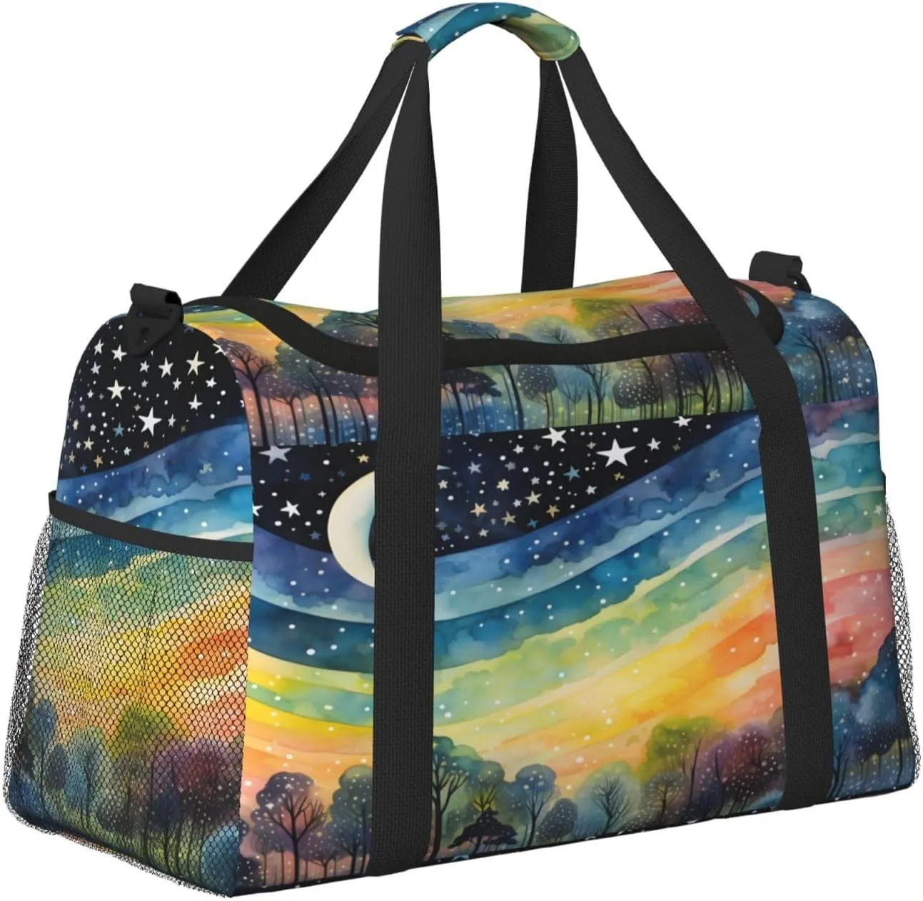 Travel Duffel Bag For Men Women, Rainbow Stripe Moon Star Painting Carry On Sport Gym Bag With Shoulder Strap Lightweight Waterproof Weekender Bag Overnight Bag