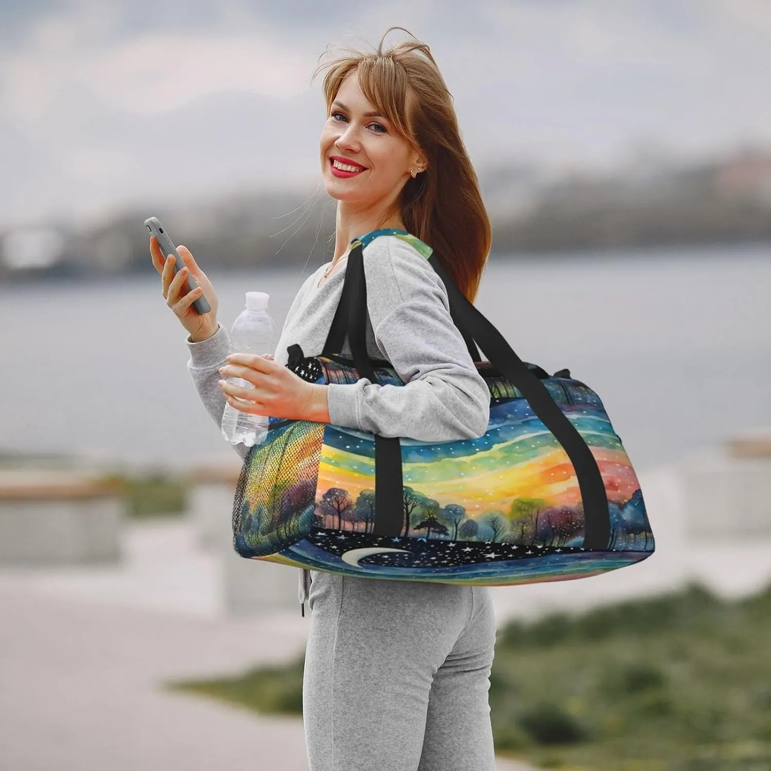 Travel Duffel Bag For Men Women, Rainbow Stripe Moon Star Painting Carry On Sport Gym Bag With Shoulder Strap Lightweight Waterproof Weekender Bag Overnight Bag