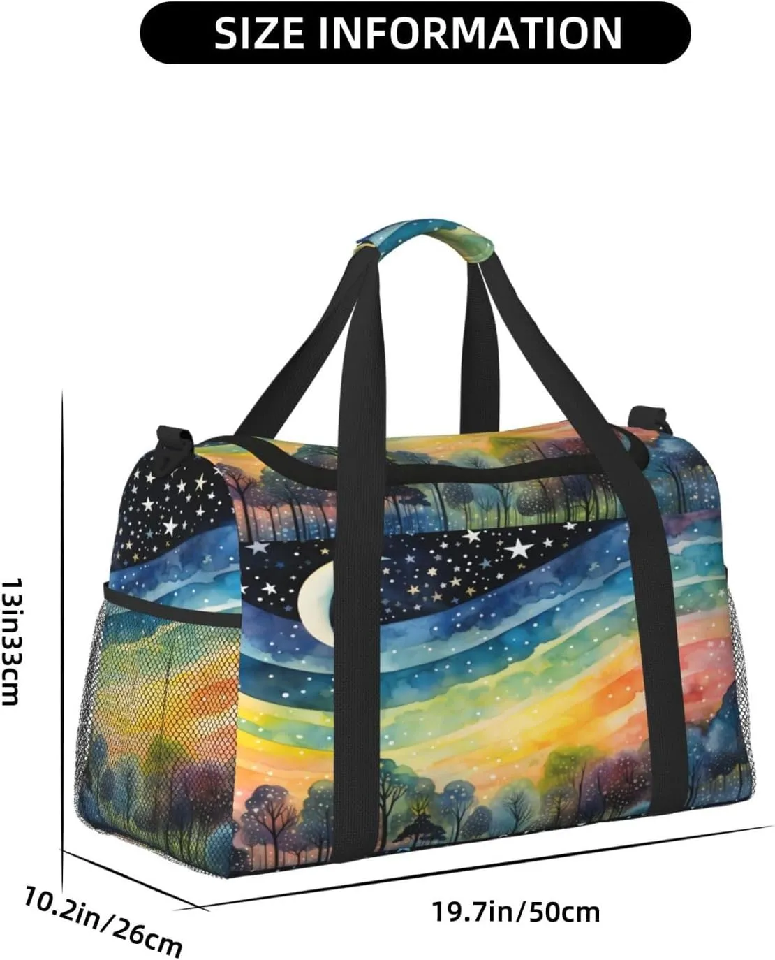 Travel Duffel Bag For Men Women, Rainbow Stripe Moon Star Painting Carry On Sport Gym Bag With Shoulder Strap Lightweight Waterproof Weekender Bag Overnight Bag
