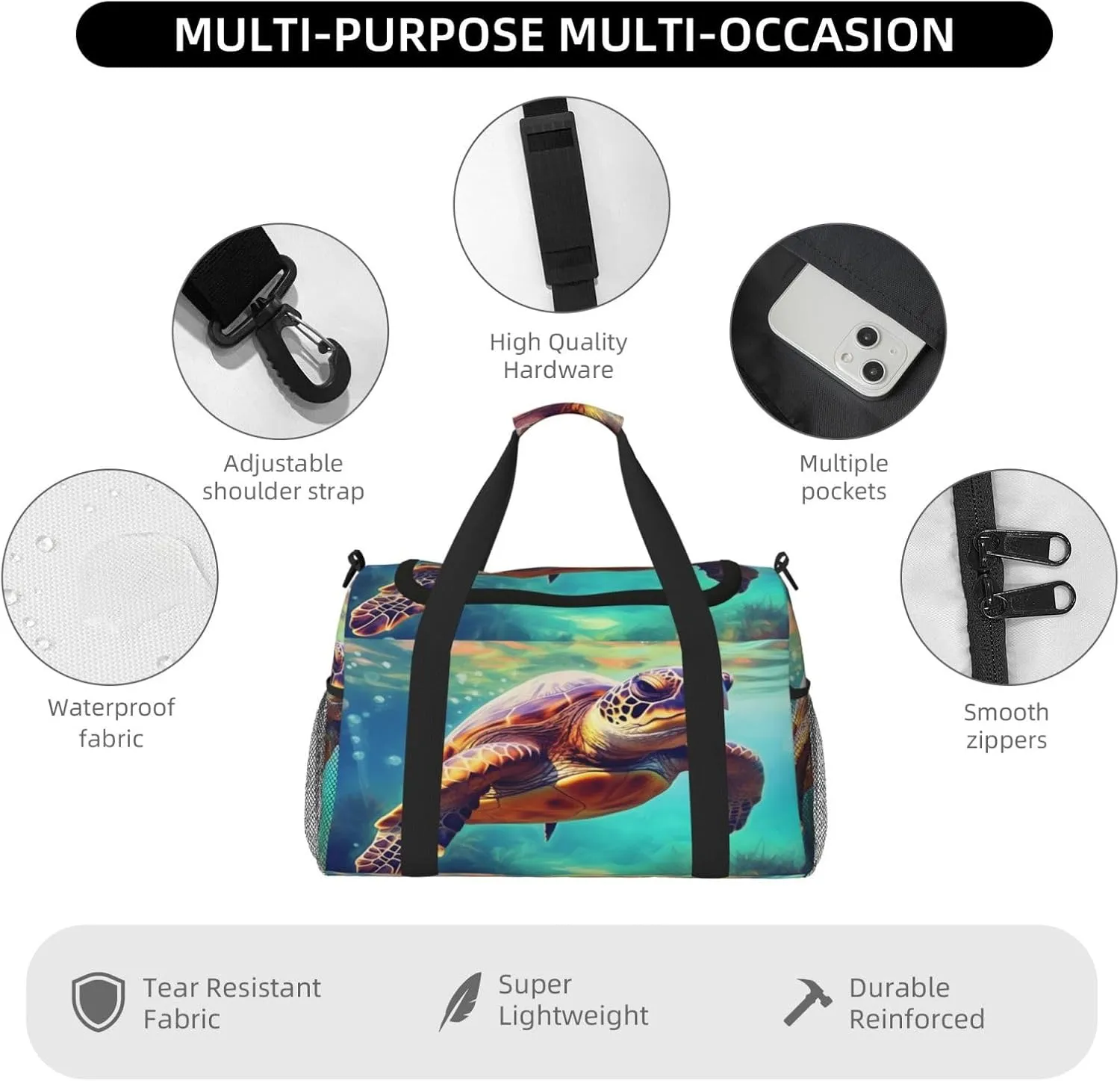 Travel Duffel Bag For Men Women, Sea Turtle Painting Carry On Sport Gym Bag With Shoulder Strap Lightweight Waterproof Weekender Bag Overnight Bag