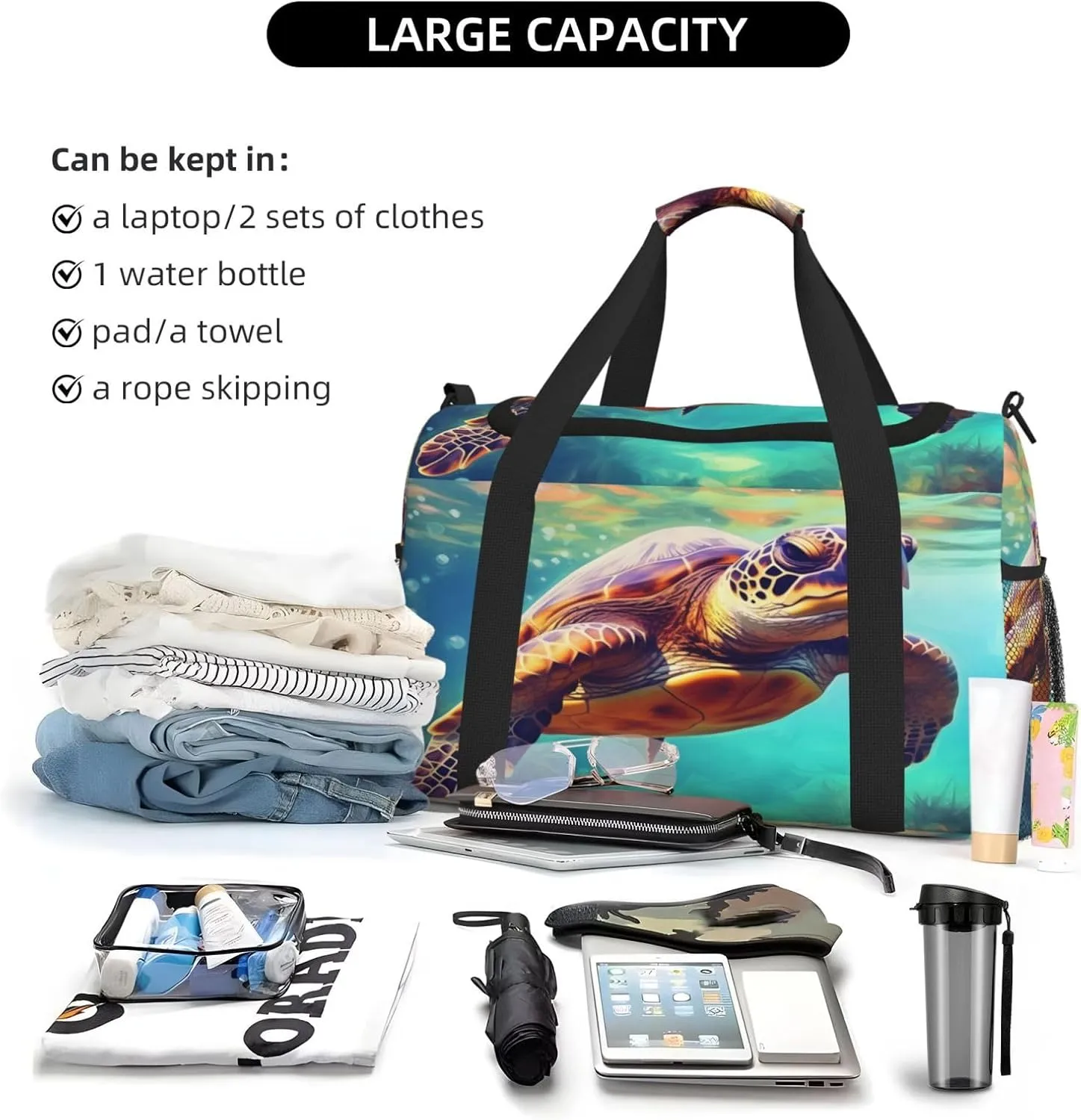 Travel Duffel Bag For Men Women, Sea Turtle Painting Carry On Sport Gym Bag With Shoulder Strap Lightweight Waterproof Weekender Bag Overnight Bag