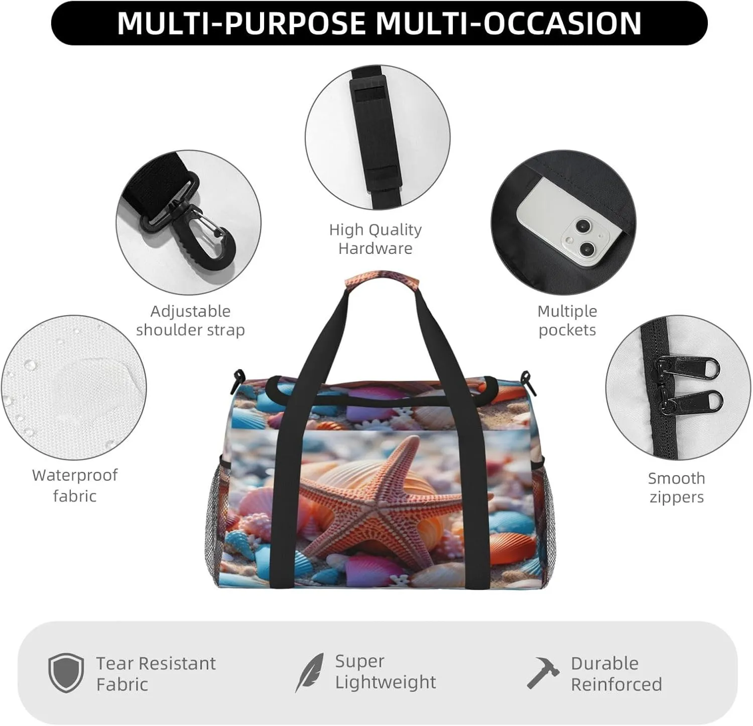 Travel Duffel Bag For Men Women, Seashell Starfish Beach Carry On Sport Gym Bag With Shoulder Strap Lightweight Waterproof Weekender Bag Overnight Bag