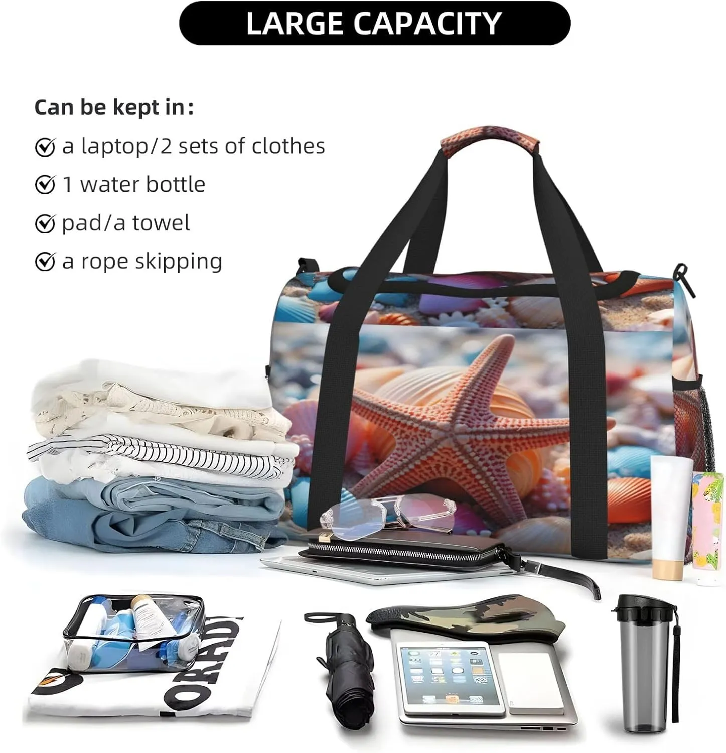 Travel Duffel Bag For Men Women, Seashell Starfish Beach Carry On Sport Gym Bag With Shoulder Strap Lightweight Waterproof Weekender Bag Overnight Bag