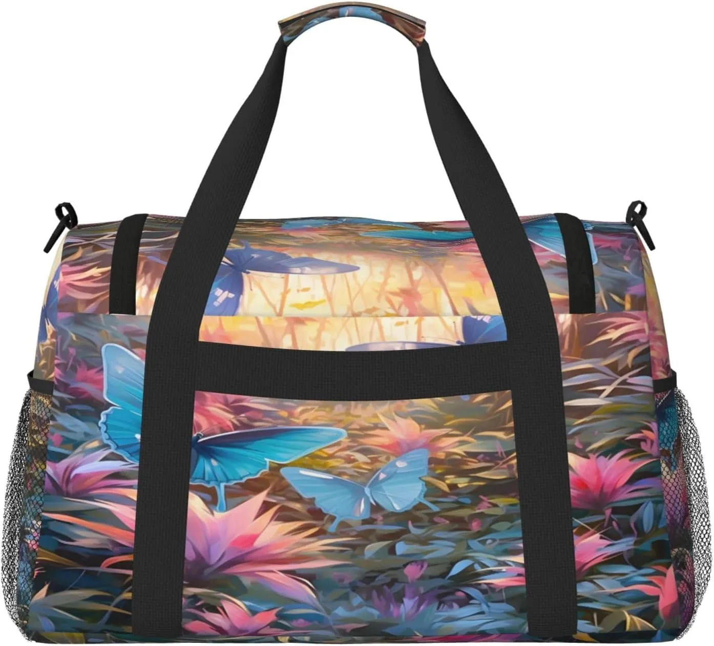 Travel Duffel Bag For Men Women, Spring Sunrise Butterfly Plants Carry On Sport Gym Bag With Shoulder Strap Lightweight Waterproof Weekender Bag Overnight Bag
