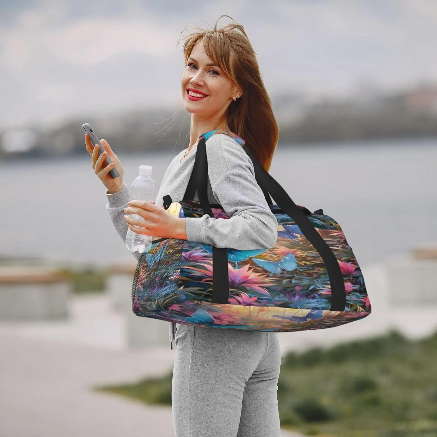 Travel Duffel Bag For Men Women, Spring Sunrise Butterfly Plants Carry On Sport Gym Bag With Shoulder Strap Lightweight Waterproof Weekender Bag Overnight Bag