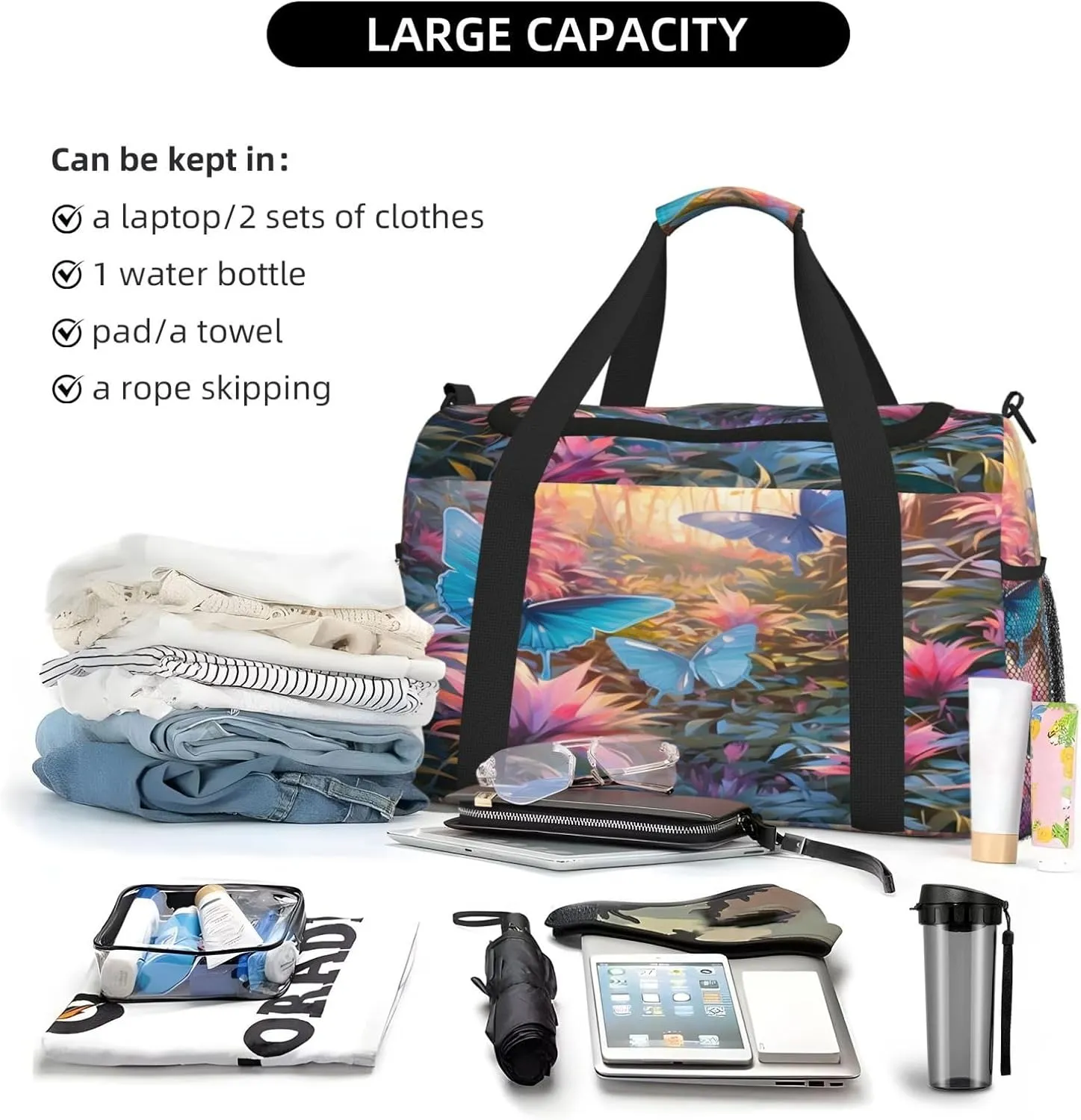 Travel Duffel Bag For Men Women, Spring Sunrise Butterfly Plants Carry On Sport Gym Bag With Shoulder Strap Lightweight Waterproof Weekender Bag Overnight Bag