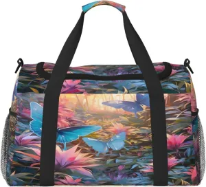Travel Duffel Bag For Men Women, Spring Sunrise Butterfly Plants Carry On Sport Gym Bag With Shoulder Strap Lightweight Waterproof Weekender Bag Overnight Bag