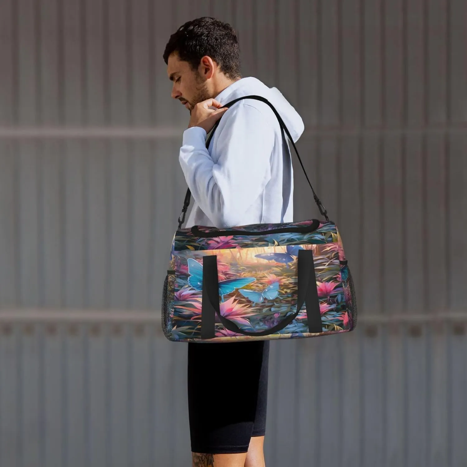 Travel Duffel Bag For Men Women, Spring Sunrise Butterfly Plants Carry On Sport Gym Bag With Shoulder Strap Lightweight Waterproof Weekender Bag Overnight Bag