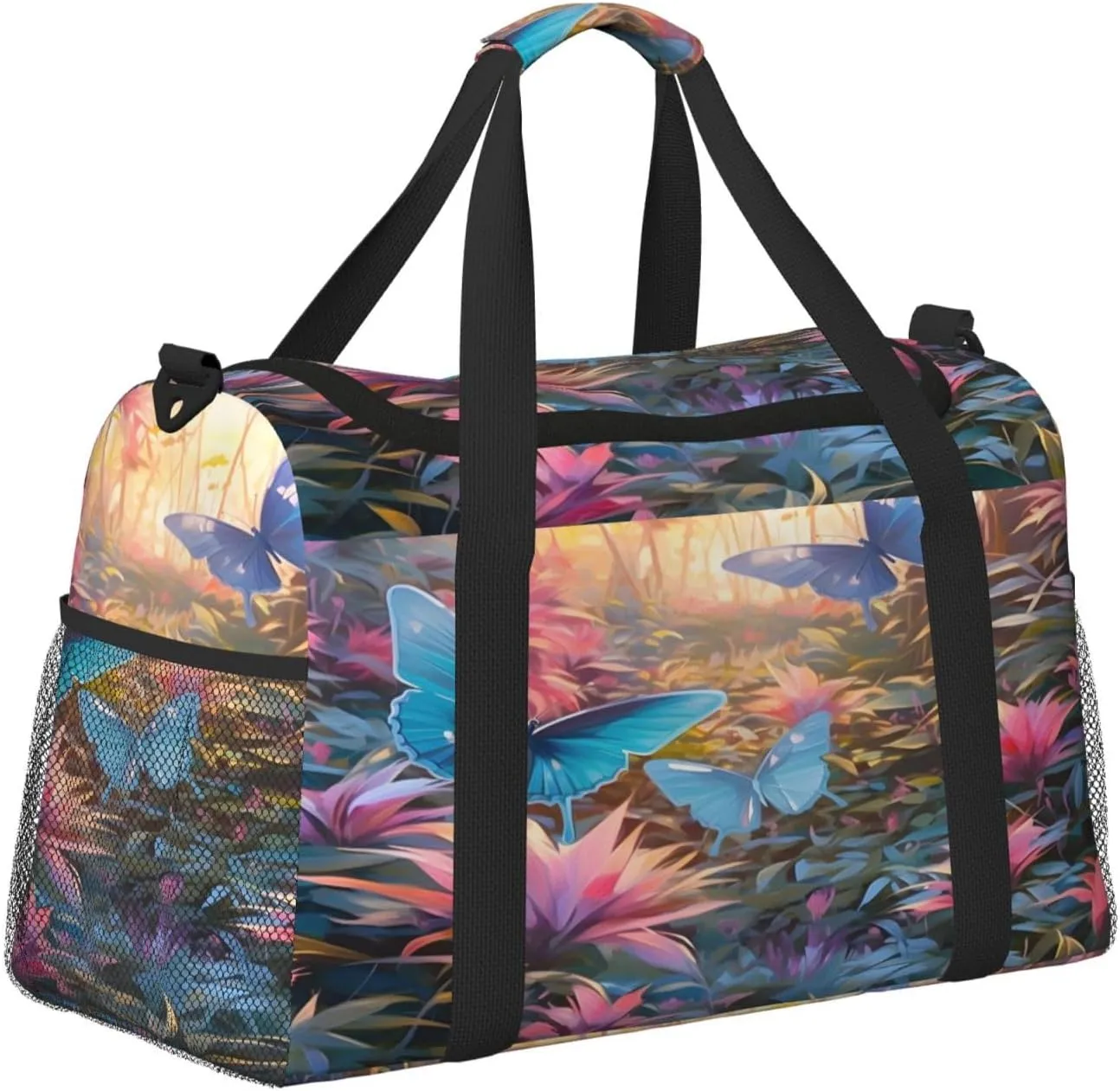 Travel Duffel Bag For Men Women, Spring Sunrise Butterfly Plants Carry On Sport Gym Bag With Shoulder Strap Lightweight Waterproof Weekender Bag Overnight Bag