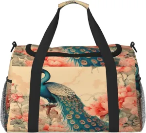 Travel Duffel Bag For Men Women, Vintage Floral Elegant Peacock Carry On Sport Gym Bag With Shoulder Strap Lightweight Waterproof Weekender Bag Overnight Bag