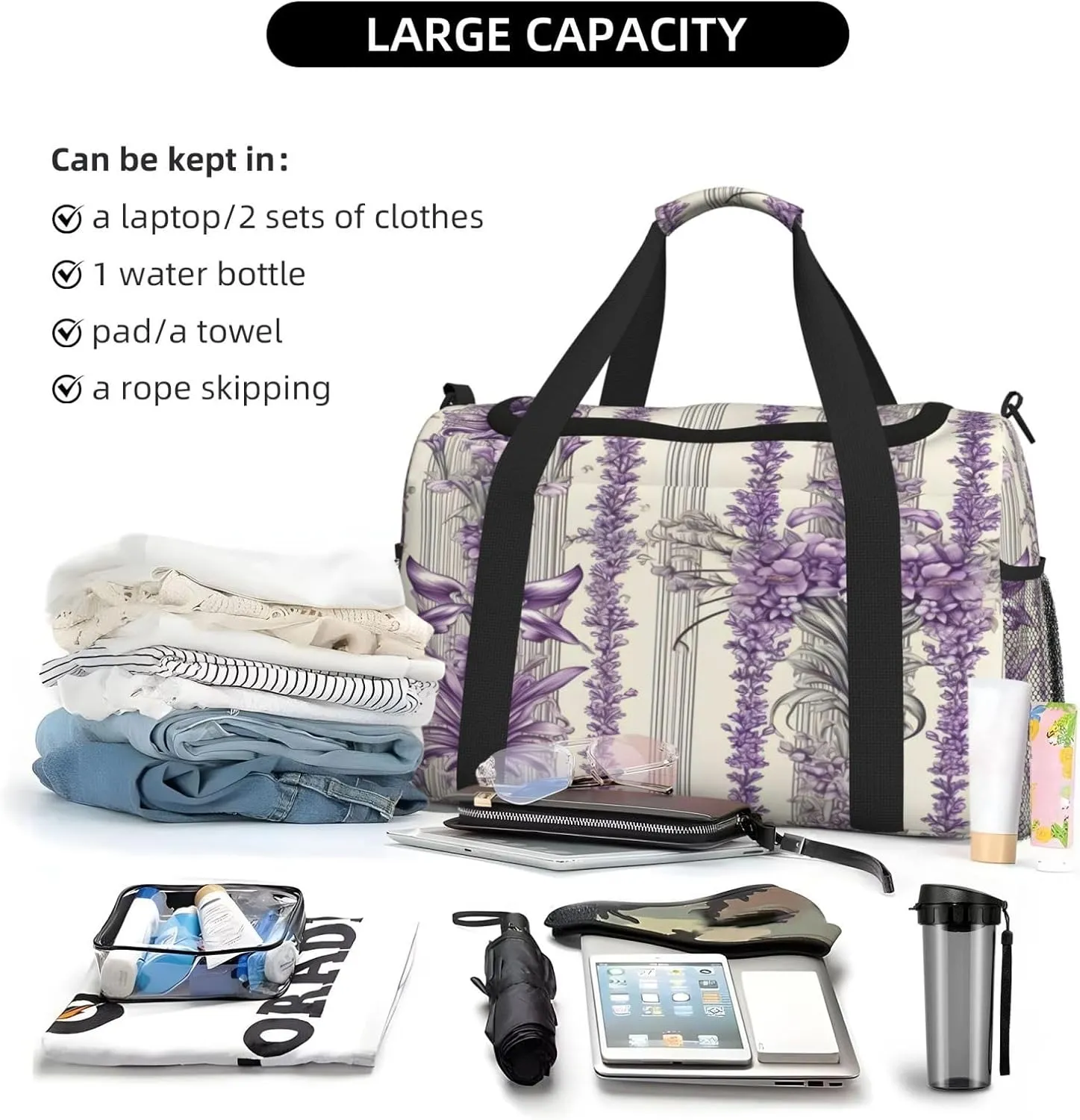 Travel Duffel Bag For Men Women, Vintage Lavender Flowers Stripe Carry On Sport Gym Bag With Shoulder Strap Lightweight Waterproof Weekender Bag Overnight Bag