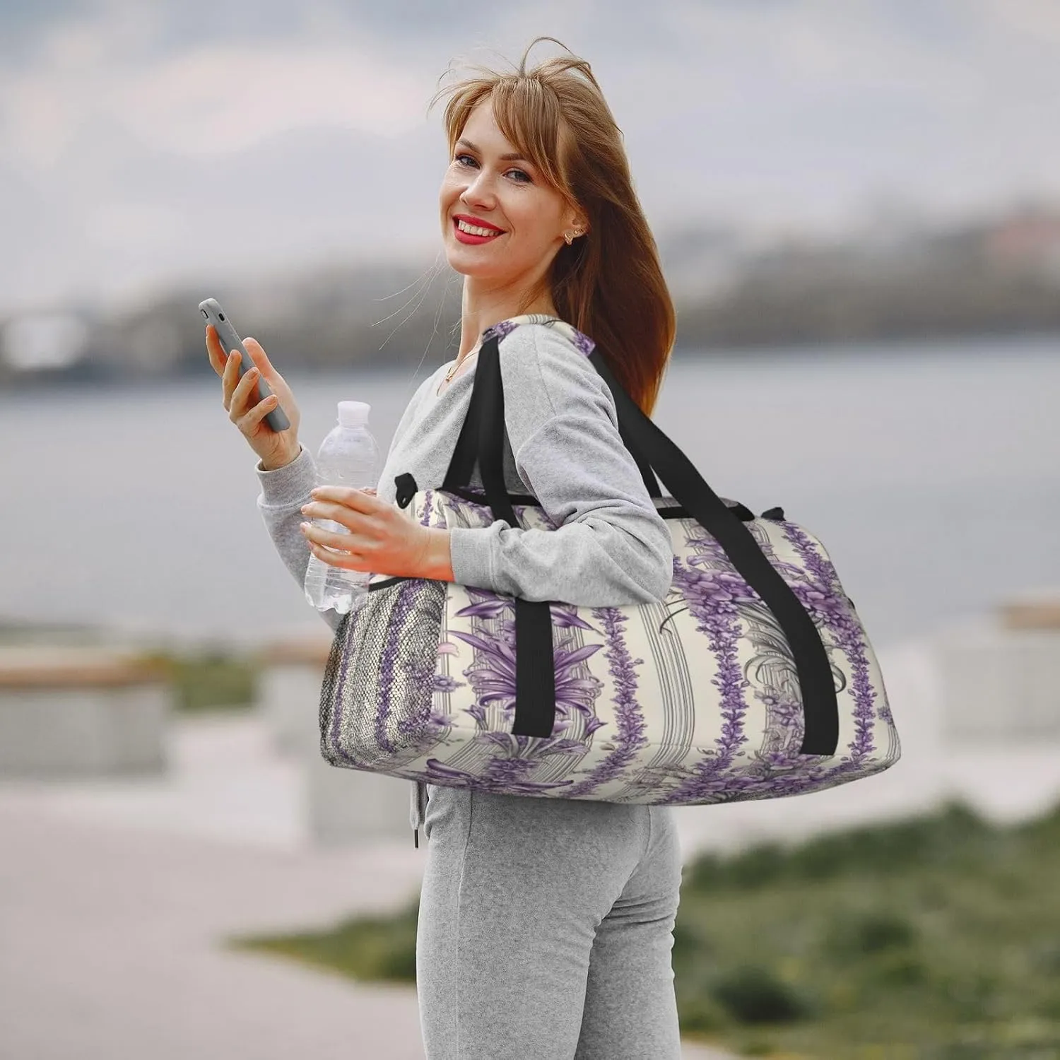 Travel Duffel Bag For Men Women, Vintage Lavender Flowers Stripe Carry On Sport Gym Bag With Shoulder Strap Lightweight Waterproof Weekender Bag Overnight Bag
