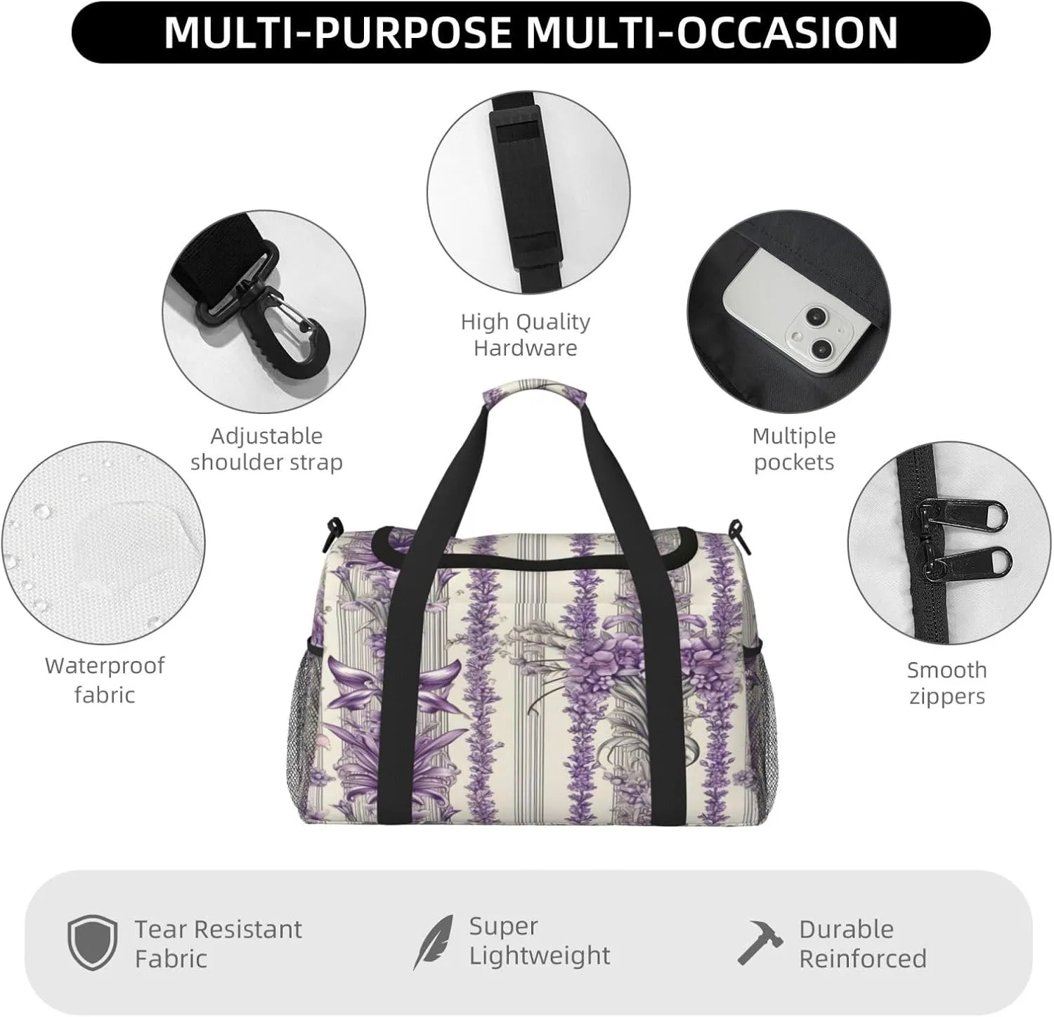 Travel Duffel Bag For Men Women, Vintage Lavender Flowers Stripe Carry On Sport Gym Bag With Shoulder Strap Lightweight Waterproof Weekender Bag Overnight Bag
