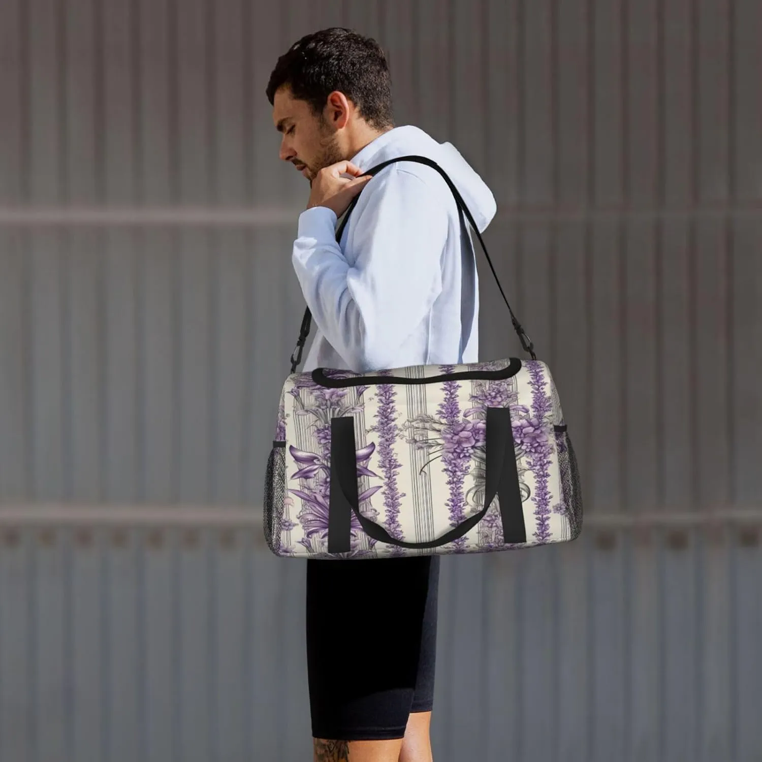 Travel Duffel Bag For Men Women, Vintage Lavender Flowers Stripe Carry On Sport Gym Bag With Shoulder Strap Lightweight Waterproof Weekender Bag Overnight Bag