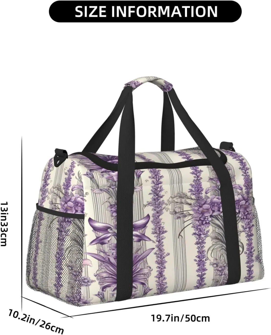 Travel Duffel Bag For Men Women, Vintage Lavender Flowers Stripe Carry On Sport Gym Bag With Shoulder Strap Lightweight Waterproof Weekender Bag Overnight Bag