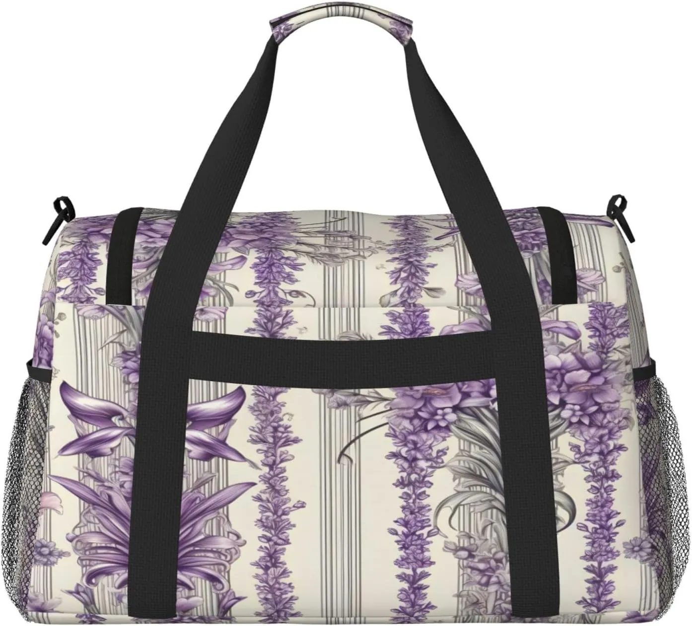 Travel Duffel Bag For Men Women, Vintage Lavender Flowers Stripe Carry On Sport Gym Bag With Shoulder Strap Lightweight Waterproof Weekender Bag Overnight Bag
