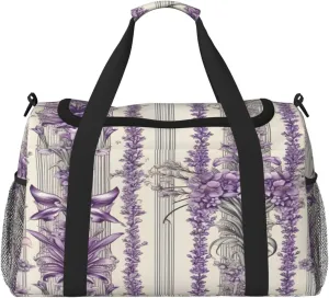 Travel Duffel Bag For Men Women, Vintage Lavender Flowers Stripe Carry On Sport Gym Bag With Shoulder Strap Lightweight Waterproof Weekender Bag Overnight Bag