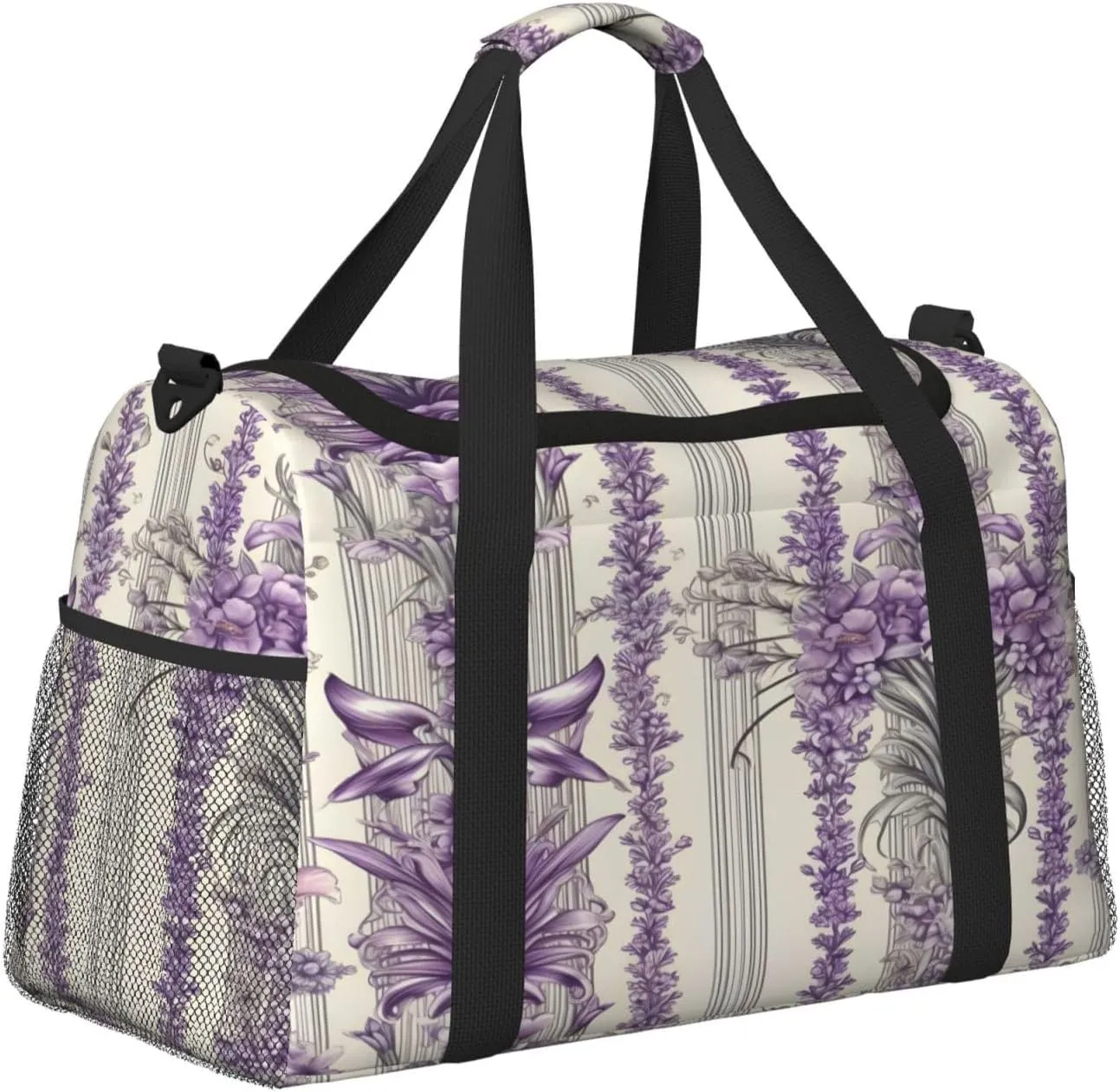 Travel Duffel Bag For Men Women, Vintage Lavender Flowers Stripe Carry On Sport Gym Bag With Shoulder Strap Lightweight Waterproof Weekender Bag Overnight Bag