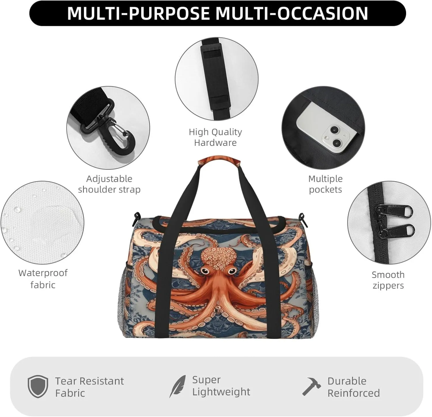 Travel Duffel Bag For Men Women, Vintage Octopus Animal Pattern Carry On Sport Gym Bag With Shoulder Strap Lightweight Waterproof Weekender Bag Overnight Bag