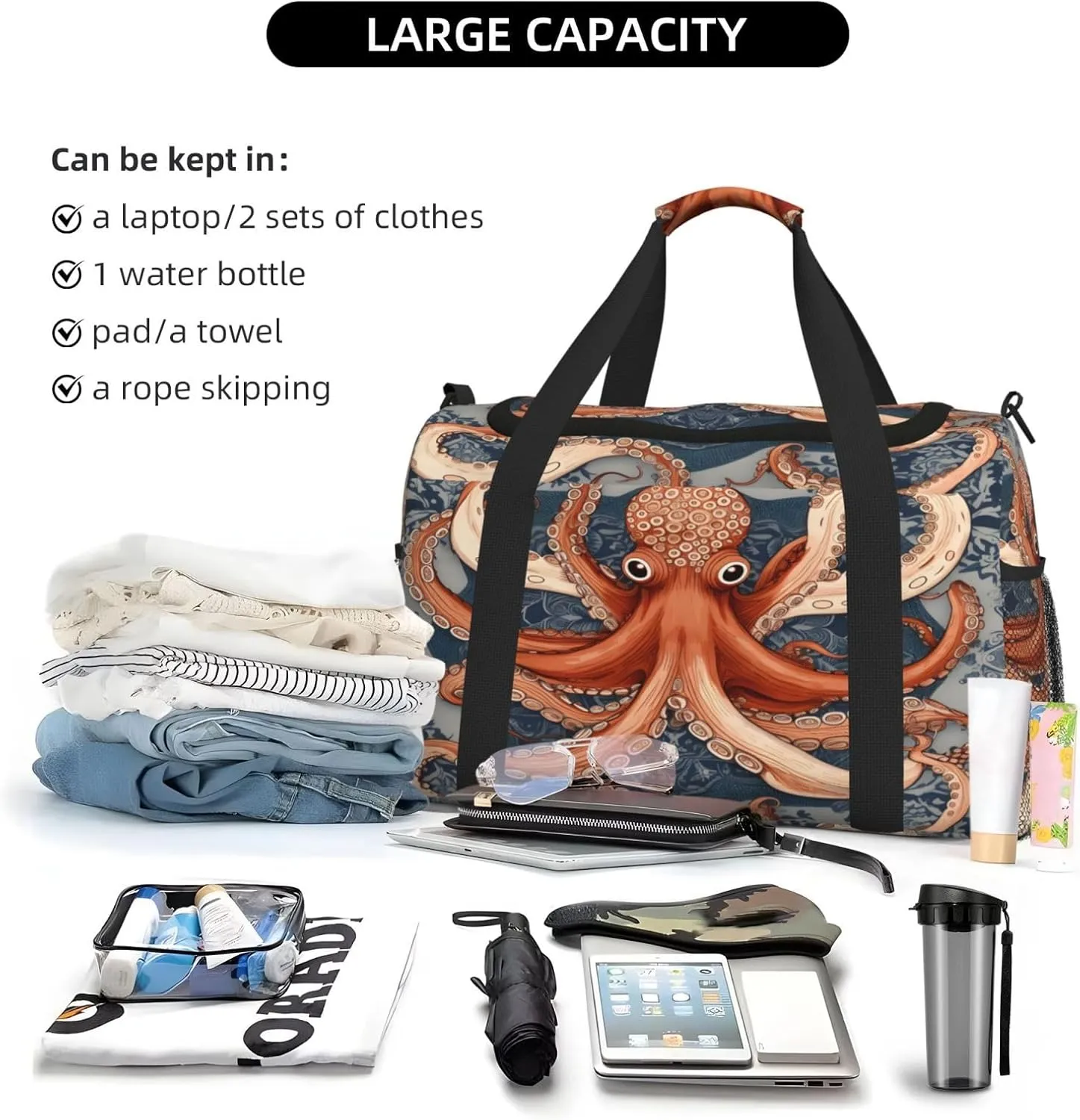 Travel Duffel Bag For Men Women, Vintage Octopus Animal Pattern Carry On Sport Gym Bag With Shoulder Strap Lightweight Waterproof Weekender Bag Overnight Bag