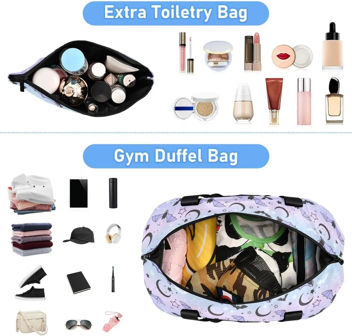 Travel Duffel Tote Bag Bat Starry Sky Sports Duffel Bag with Wet Pocket Weekender Overnight Bag for Women Men Gym Bag, Carry On Bag Hospital Bag for Labor and Delivery