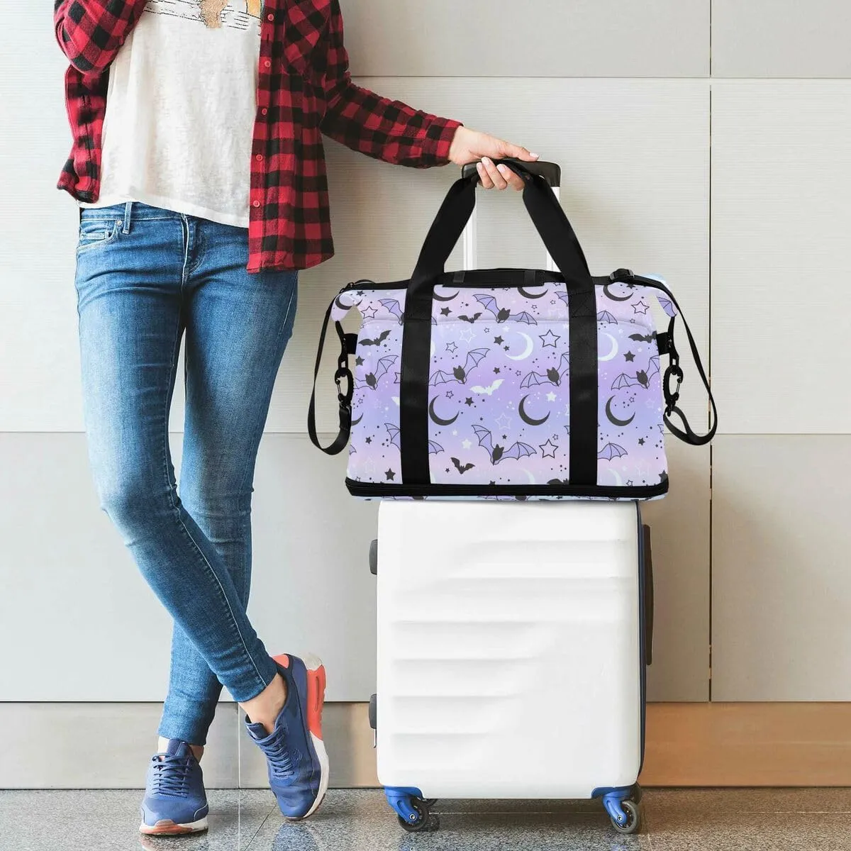 Travel Duffel Tote Bag Bat Starry Sky Sports Duffel Bag with Wet Pocket Weekender Overnight Bag for Women Men Gym Bag, Carry On Bag Hospital Bag for Labor and Delivery