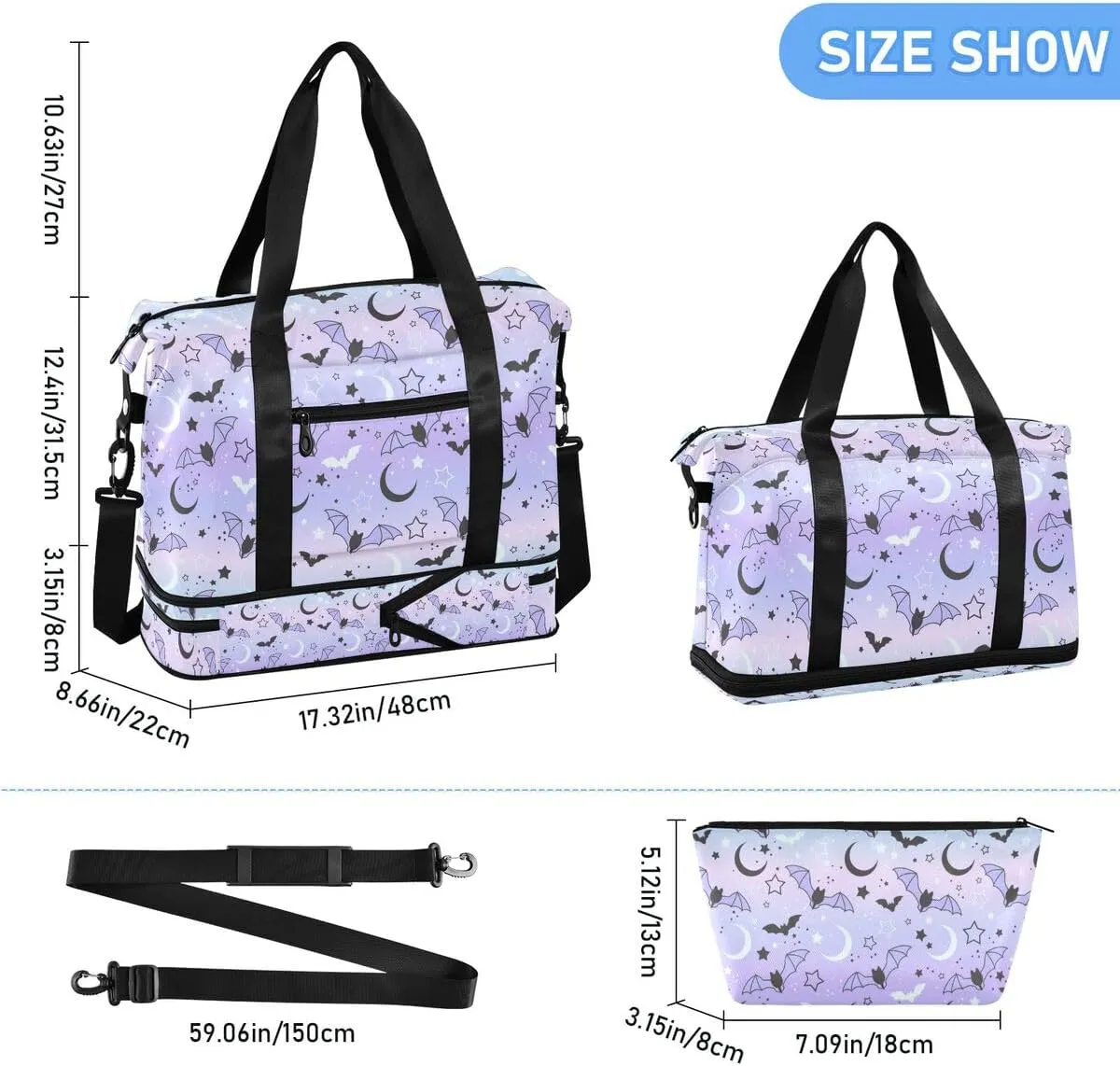 Travel Duffel Tote Bag Bat Starry Sky Sports Duffel Bag with Wet Pocket Weekender Overnight Bag for Women Men Gym Bag, Carry On Bag Hospital Bag for Labor and Delivery