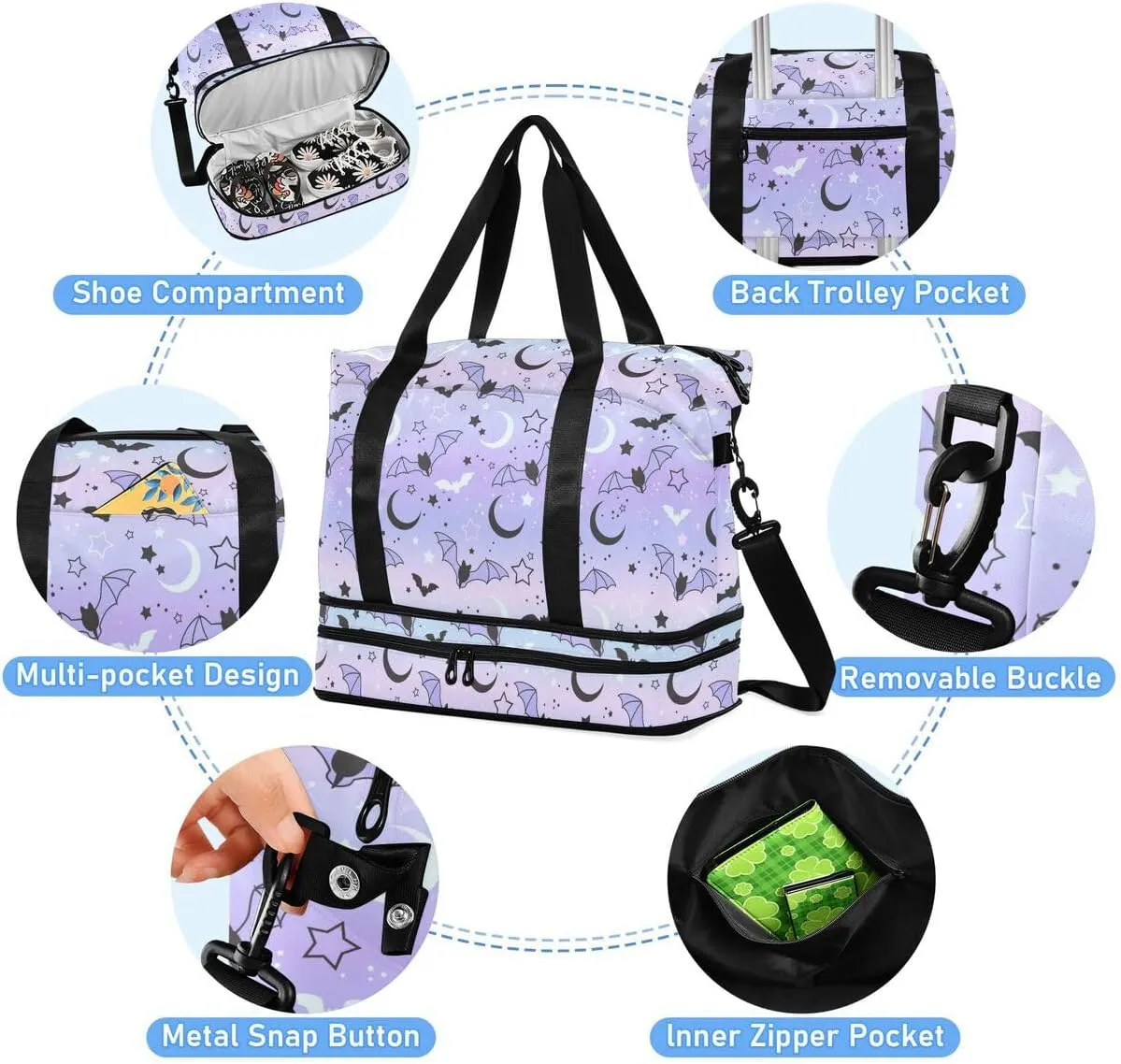 Travel Duffel Tote Bag Bat Starry Sky Sports Duffel Bag with Wet Pocket Weekender Overnight Bag for Women Men Gym Bag, Carry On Bag Hospital Bag for Labor and Delivery