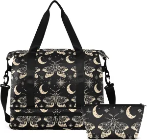 Travel Duffel Tote Bag Butterfly and Moon Skull Sports Duffel Bag with Wet Pocket Weekender Overnight Bag for Women Men Gym Bag, Carry On Bag Hospital Bag for Labor and Delivery