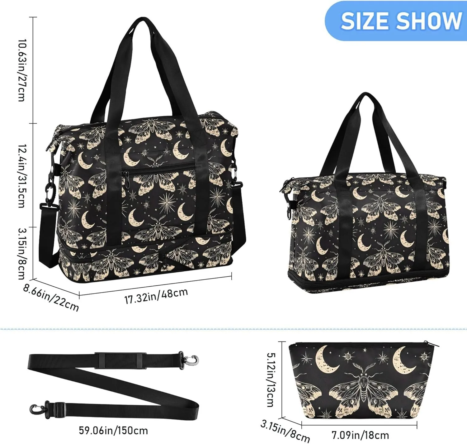 Travel Duffel Tote Bag Butterfly and Moon Skull Sports Duffel Bag with Wet Pocket Weekender Overnight Bag for Women Men Gym Bag, Carry On Bag Hospital Bag for Labor and Delivery