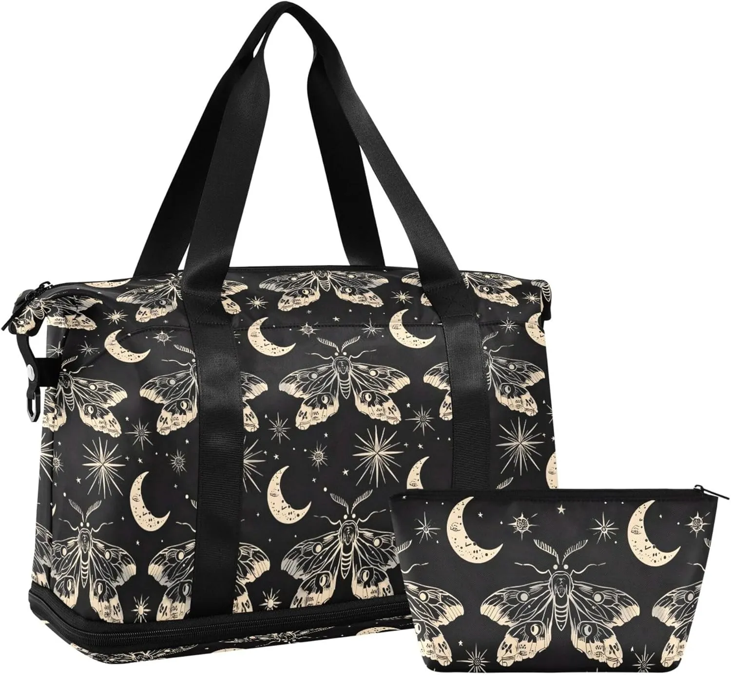 Travel Duffel Tote Bag Butterfly and Moon Skull Sports Duffel Bag with Wet Pocket Weekender Overnight Bag for Women Men Gym Bag, Carry On Bag Hospital Bag for Labor and Delivery